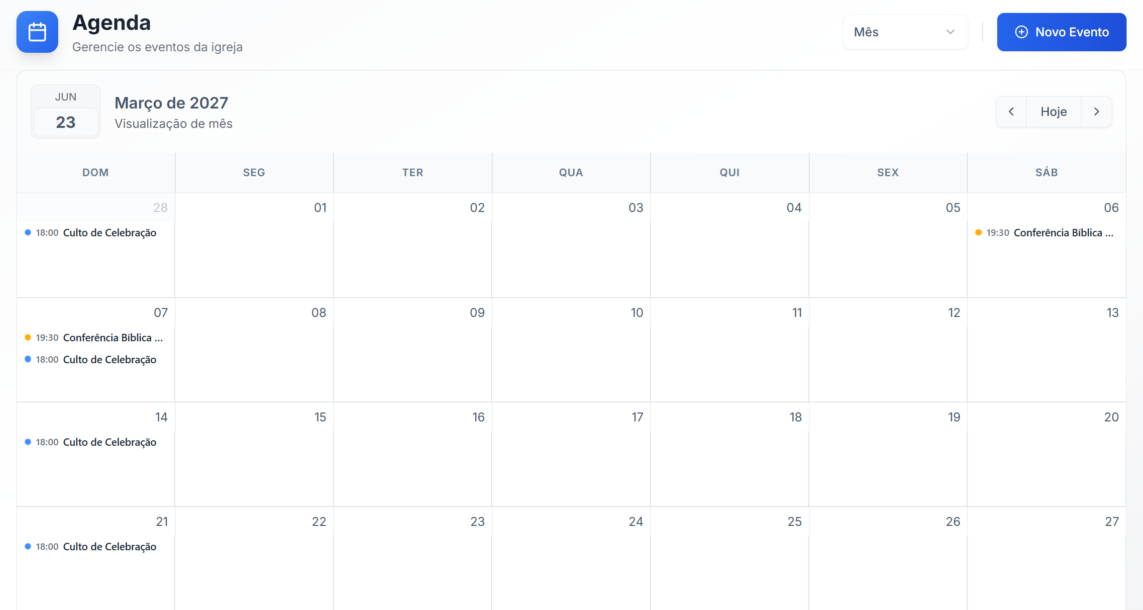 Toda a agenda da igreja em um calendário — Módulo Agenda e Eventos do Base3