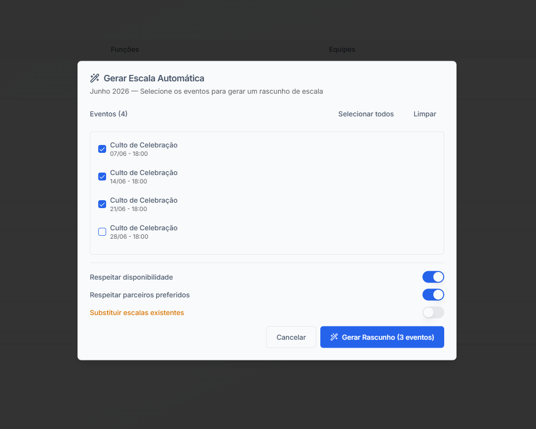 Escala gerada automaticamente — Módulo Ministérios do Base3